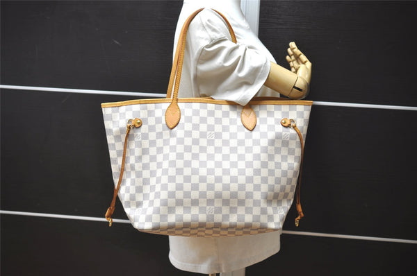 Authentic Louis Vuitton Damier Azur Neverfull MM Tote Bag N51107 LV 2073J
