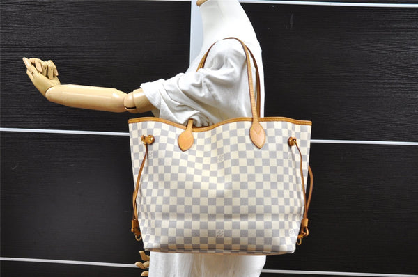 Authentic Louis Vuitton Damier Azur Neverfull MM Tote Bag N51107 LV 2682I