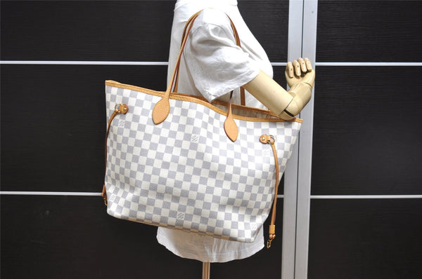 Authentic Louis Vuitton Damier Azur Neverfull MM Tote Bag N51107 LV 3954I