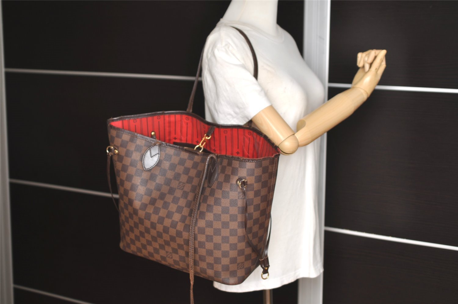 Authentic Louis Vuitton Damier Neverfull MM Shoulder Tote Bag N51105 Junk 6029I