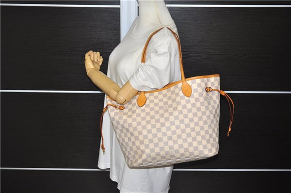 Authentic Louis Vuitton Damier Azur Neverfull MM Tote Bag N51107 LV 0035E