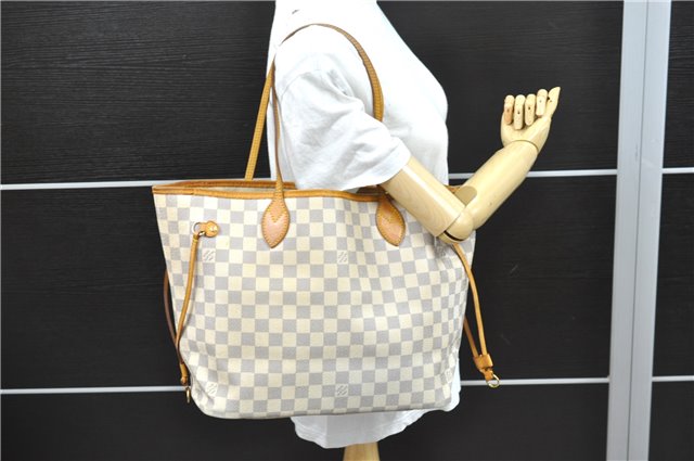 Authentic Louis Vuitton Damier Azur Neverfull MM Tote Bag N51107 LV 0508E