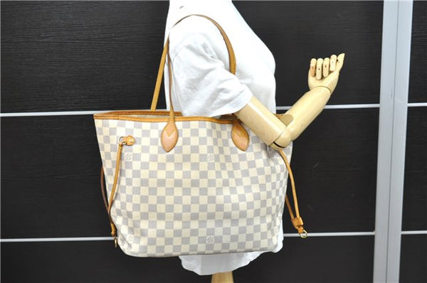 Authentic Louis Vuitton Damier Azur Neverfull MM Tote Bag N51107 LV 0508E