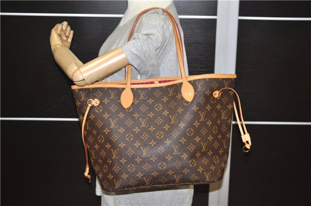 Authentic Louis Vuitton Monogram Neverfull MM Tote Bag Fuchsia M40996 Pink 1335F