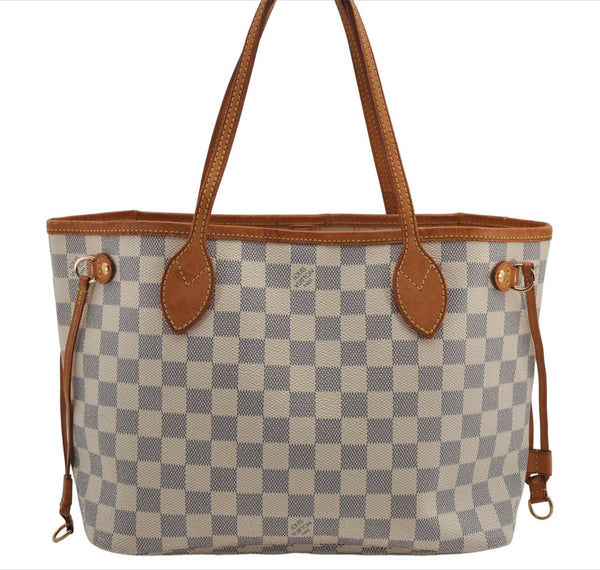 Authentic Louis Vuitton Damier Azur Neverfull PM Tote Bag N51110 LV 2034F