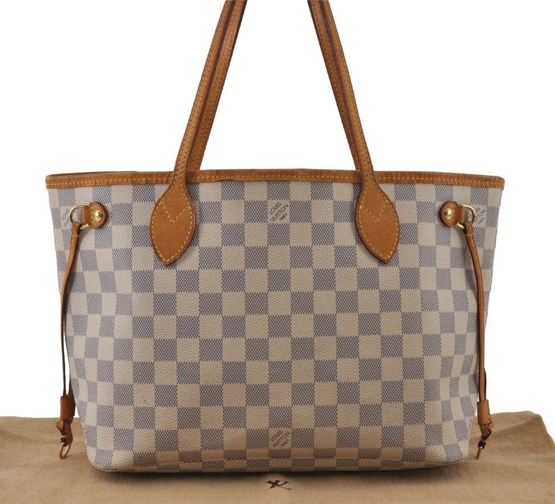 Authentic Louis Vuitton Damier Azur Neverfull PM Tote Bag N51110 LV 3328I