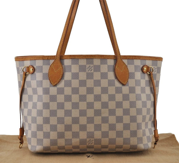 Authentic Louis Vuitton Damier Azur Neverfull PM Tote Bag N51110 LV 3328I