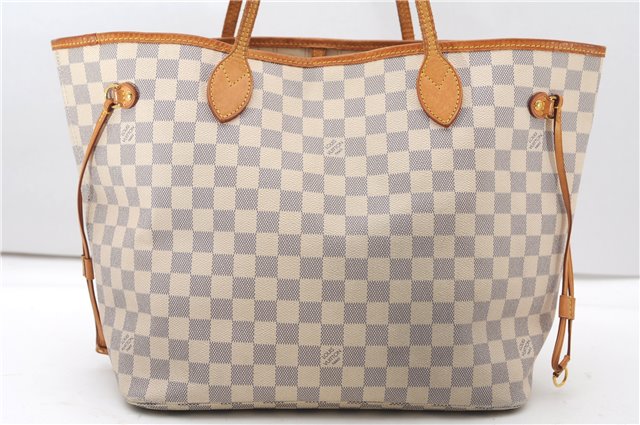 Authentic Louis Vuitton Damier Azur Neverfull MM Tote Bag N51107 LV 4988F