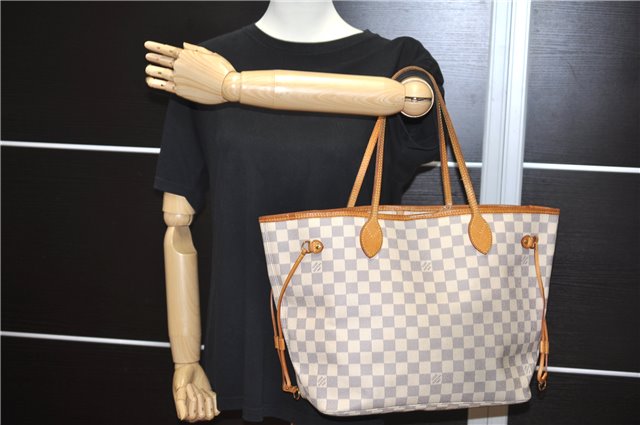 Authentic Louis Vuitton Damier Azur Neverfull MM Tote Bag N51107 LV 4988F