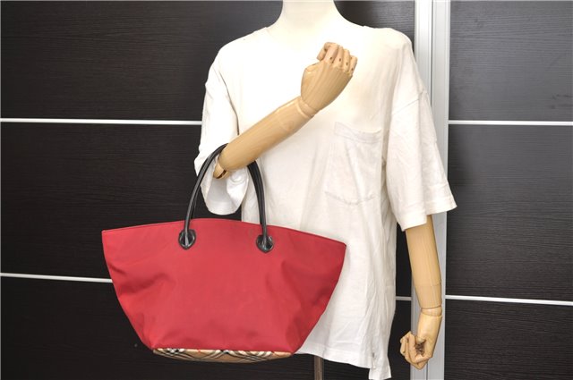 Authentic BURBERRY BLUE LABEL Shoulder Tote Bag Nylon Leather Red Beige 5378D
