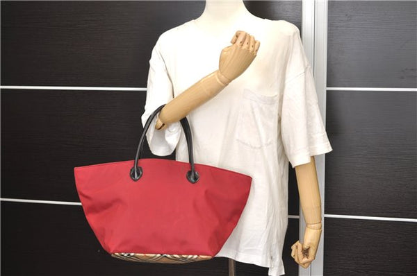 Authentic BURBERRY BLUE LABEL Shoulder Tote Bag Nylon Leather Red Beige 5378D