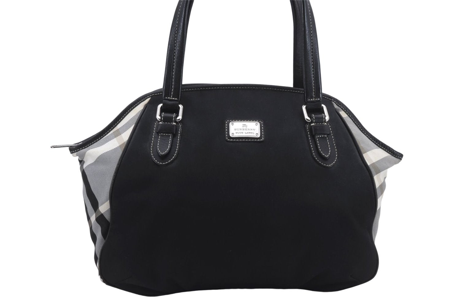 Authentic BURBERRY BLUE LABEL Check Shoulder Tote Bag Nylon Leather Black 7179D