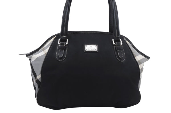 Authentic BURBERRY BLUE LABEL Check Shoulder Tote Bag Nylon Leather Black 7179D