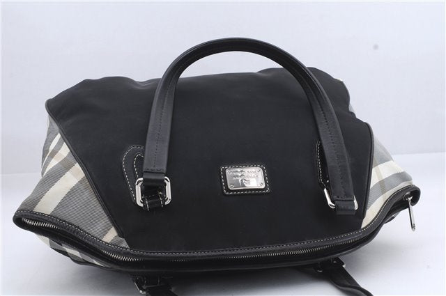 Authentic BURBERRY BLUE LABEL Check Shoulder Tote Bag Nylon Leather Black 7179D