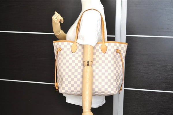 Authentic Louis Vuitton Damier Azur Neverfull MM Tote Bag N51107 LV 7779E
