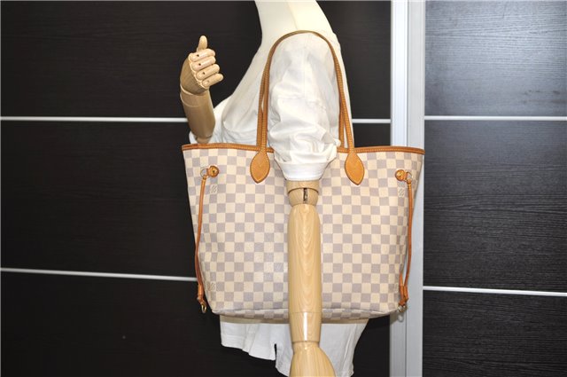 Authentic Louis Vuitton Damier Azur Neverfull MM Tote Bag N51107 LV 7966D
