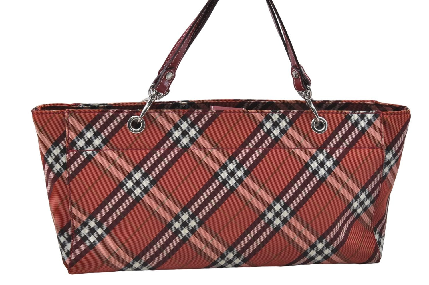 Authentic BURBERRY BLUE LABEL Check Tote Hand Bag Nylon Leather Red 9953D