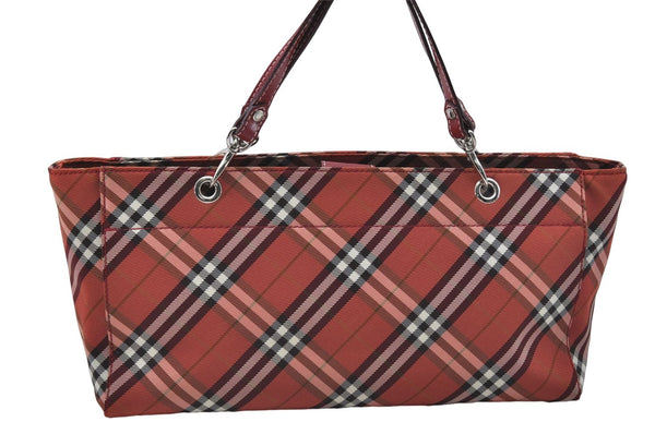 Authentic BURBERRY BLUE LABEL Check Tote Hand Bag Nylon Leather Red 9953D