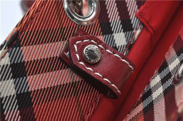 Authentic BURBERRY BLUE LABEL Check Tote Hand Bag Nylon Leather Red 9953D