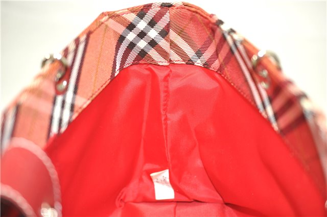 Authentic BURBERRY BLUE LABEL Check Tote Hand Bag Nylon Leather Red 9953D