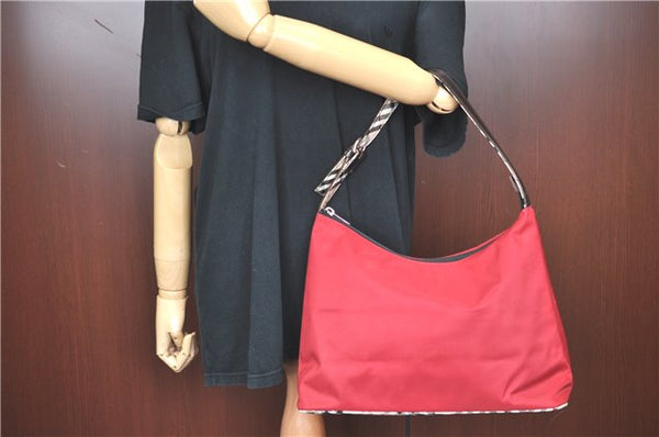Authentic BURBERRY BLUE LABEL Check Shoulder Bag Purse Nylon Leather Red J0628