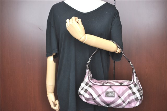 Authentic BURBERRY BLUE LABEL Check Shoulder Hand Bag Canvas Leather Pink J1355