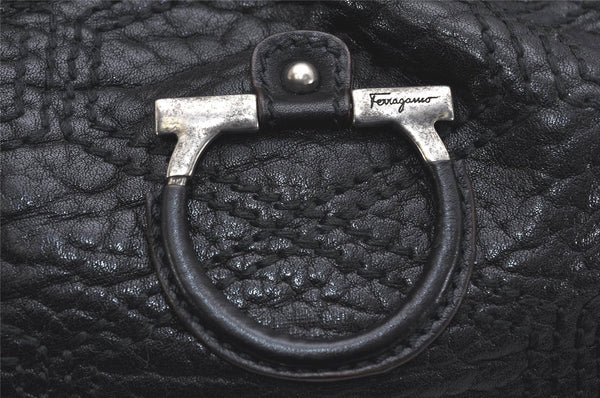 Authentic Salvatore Ferragamo Gancini Leather Shoulder Hand Bag Black 0001K