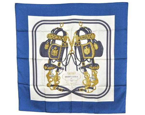 Authentic HERMES Carre 90 Scarf "BRIDES de GALA par" Silk Blue 0009J