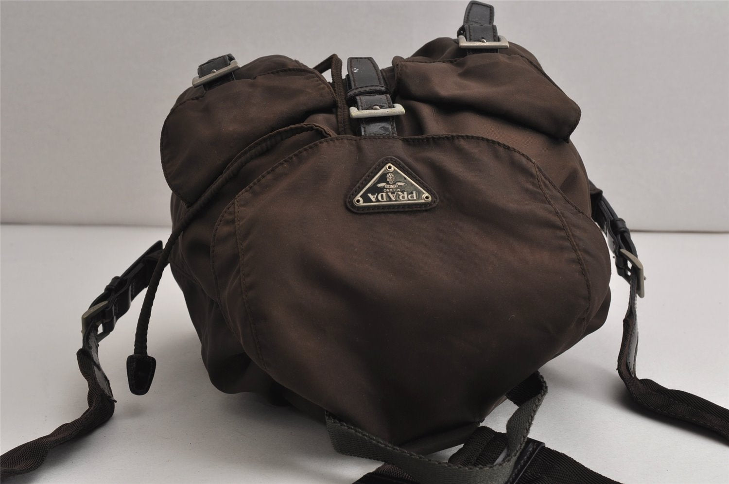 Authentic PRADA Vintage Nylon Tessuto Enamel Drawstring Backpack Brown 0015K