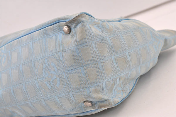 Authentic CHANEL New Travel Line Shoulder Tote Bag Nylon Leather Blue 0016K