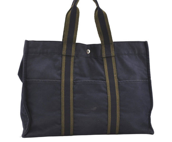 Authentic HERMES Fourre Tout GM Vintage Hand Tote Bag Canvas Navy Blue 0017K