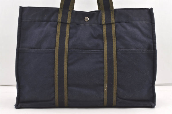 Authentic HERMES Fourre Tout GM Vintage Hand Tote Bag Canvas Navy Blue 0017K