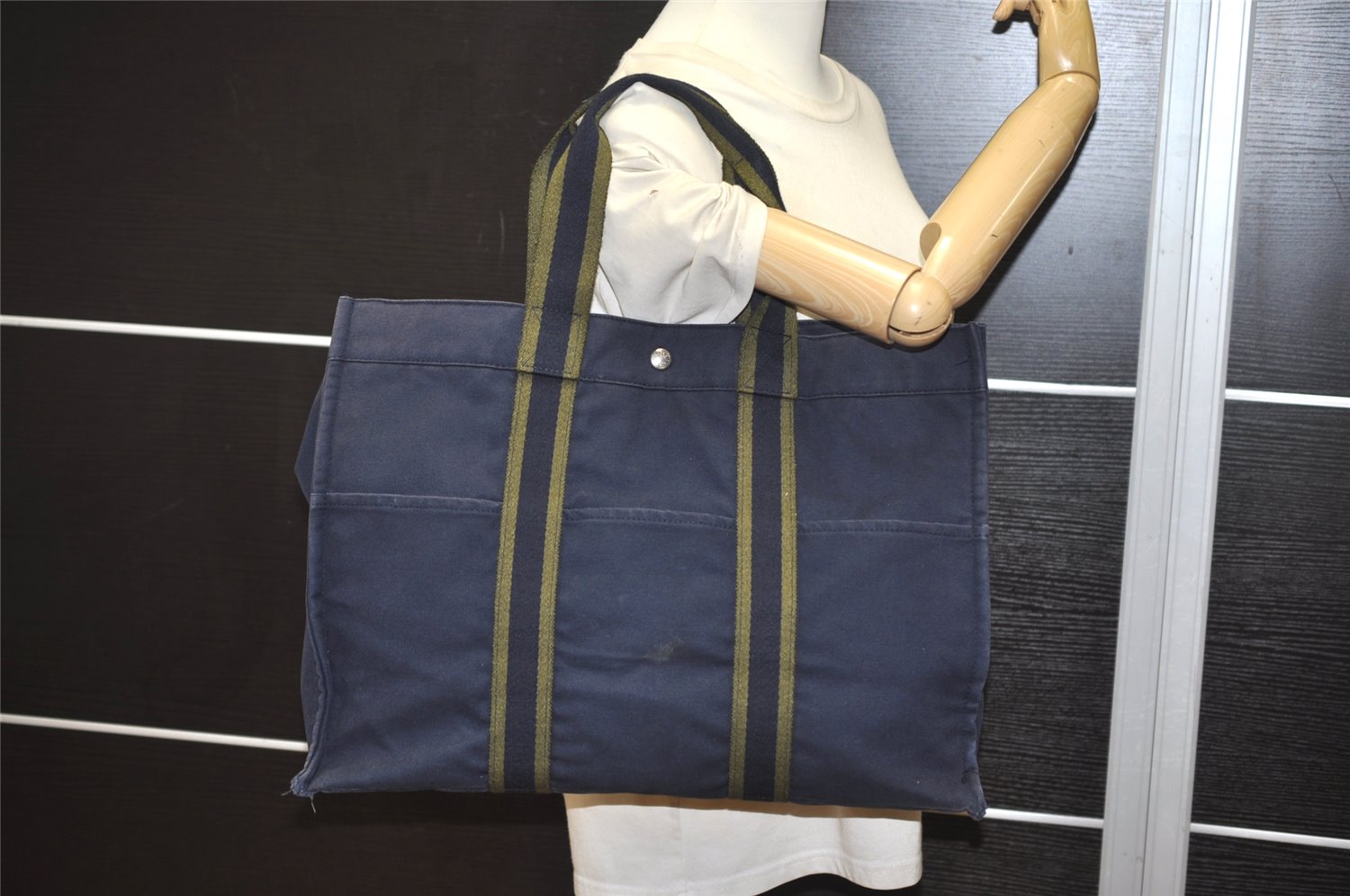 Authentic HERMES Fourre Tout GM Vintage Hand Tote Bag Canvas Navy Blue 0017K