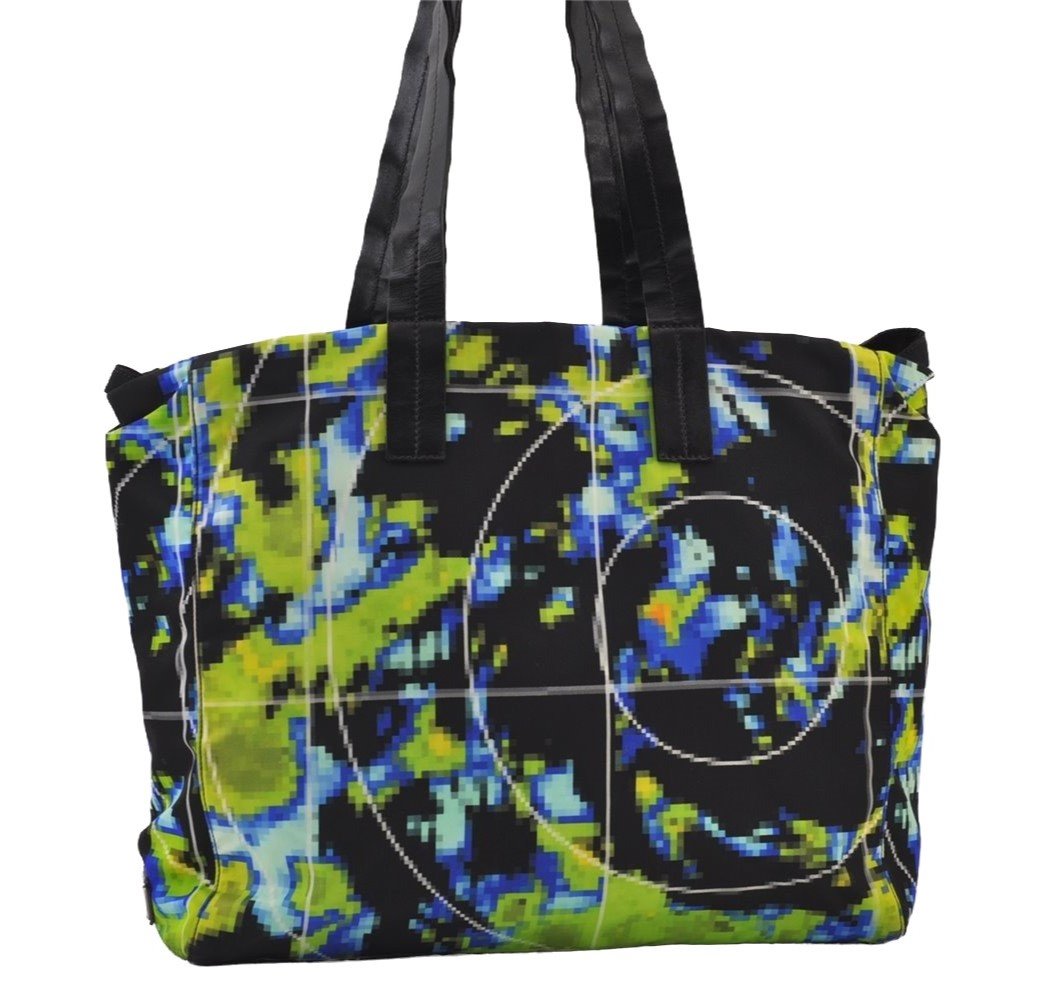 Authentic PRADA Weather Map Nylon Tessuto Leather Shoulder Tote Bag Black 0018J