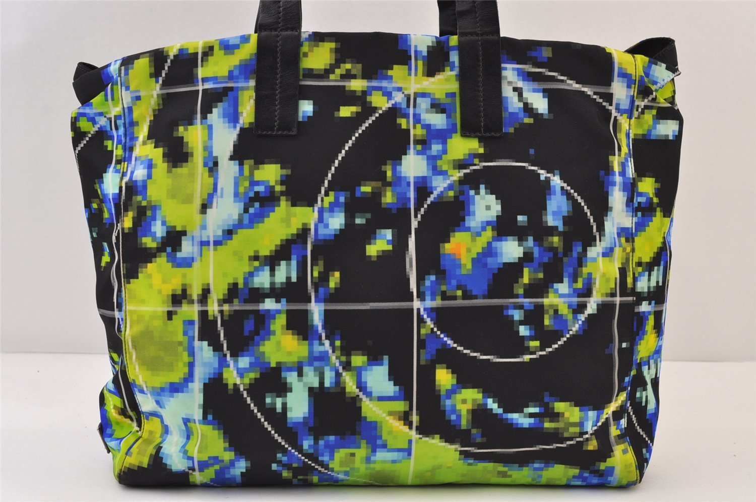Authentic PRADA Weather Map Nylon Tessuto Leather Shoulder Tote Bag Black 0018J