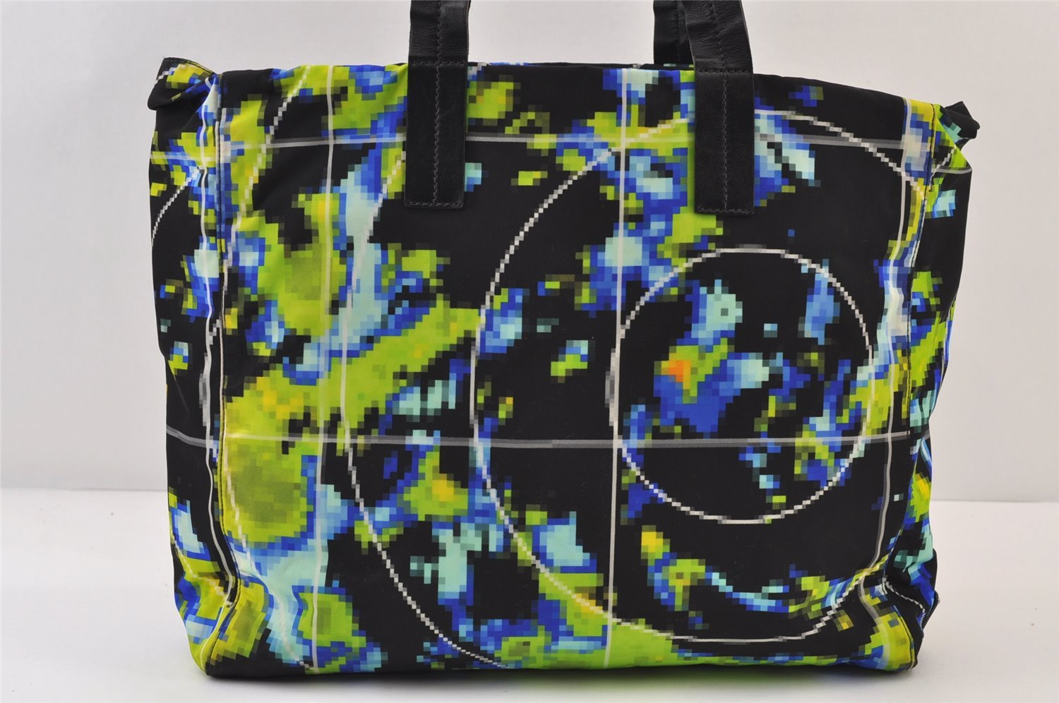 Authentic PRADA Weather Map Nylon Tessuto Leather Shoulder Tote Bag Black 0018J