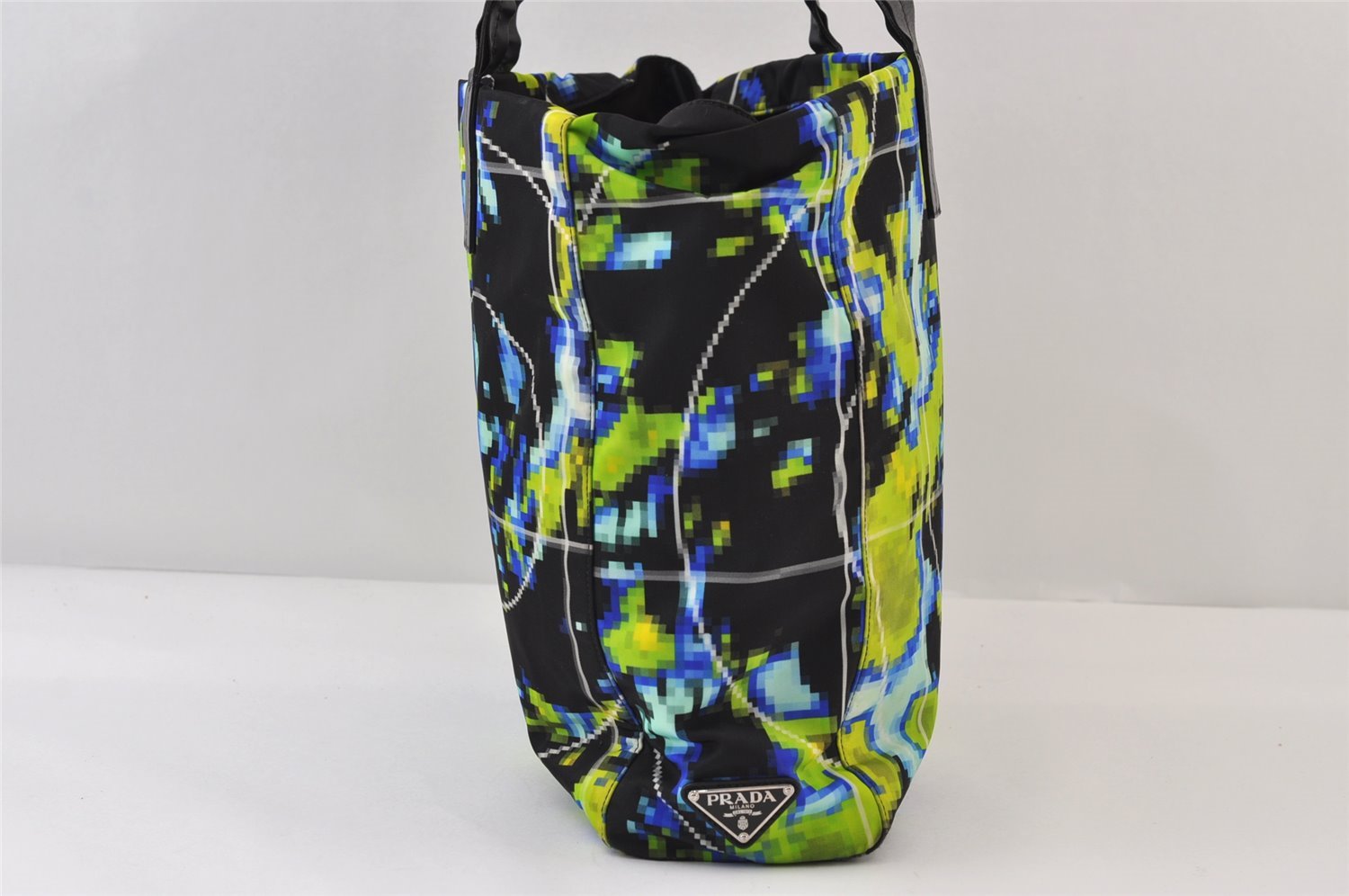 Authentic PRADA Weather Map Nylon Tessuto Leather Shoulder Tote Bag Black 0018J