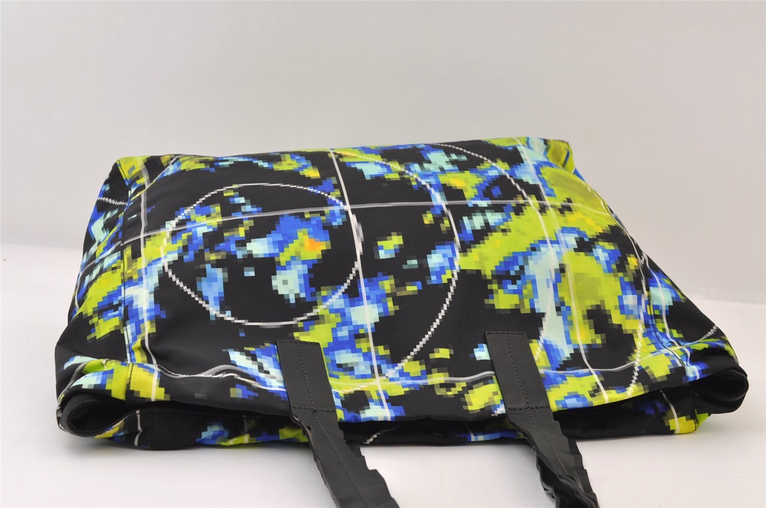 Authentic PRADA Weather Map Nylon Tessuto Leather Shoulder Tote Bag Black 0018J