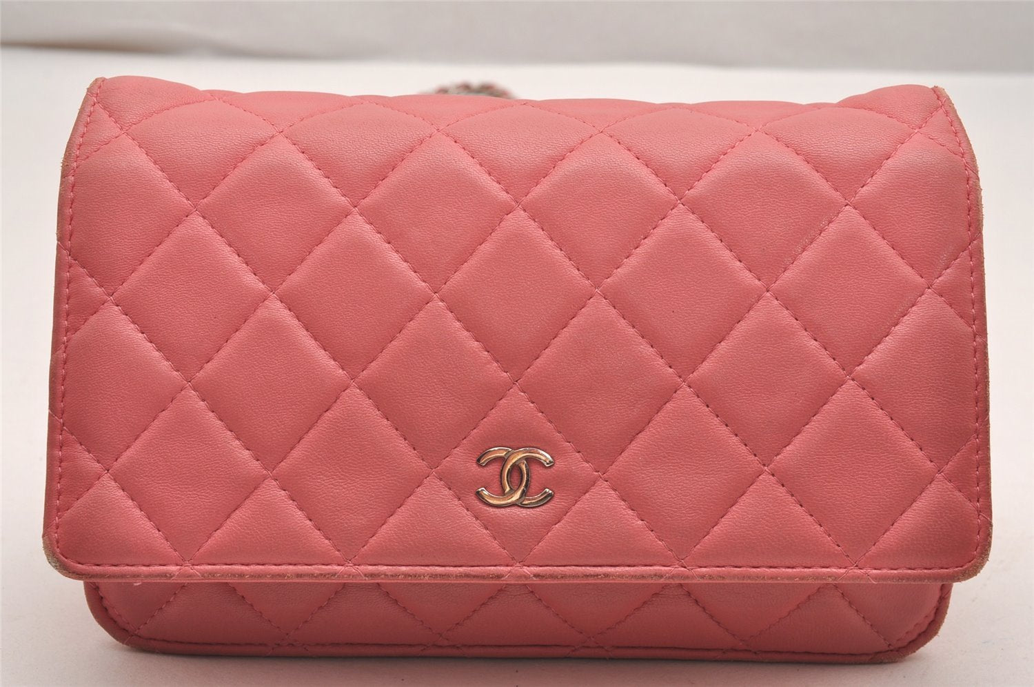 Authentic CHANEL Calf Skin Matelasse Chain Wallet Shoulder Cross Bag Pink 0020J