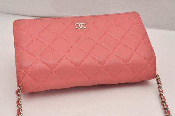 Authentic CHANEL Calf Skin Matelasse Chain Wallet Shoulder Cross Bag Pink 0020J