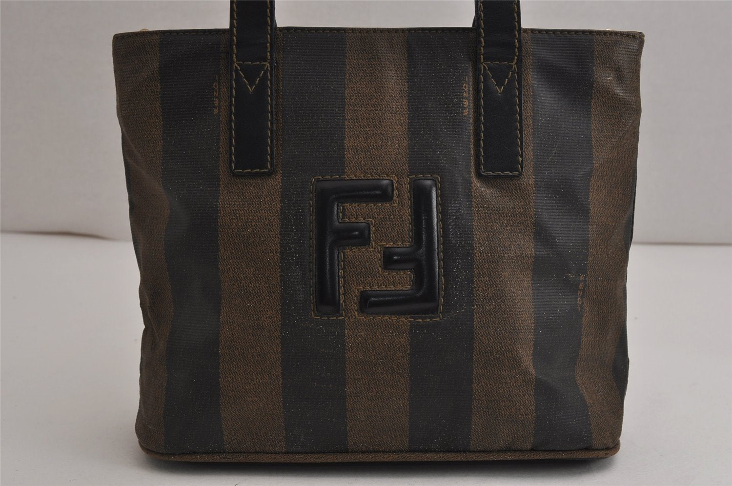 Authentic FENDI Pequin 2Way Hand Tote Bag PVC Leather Brown Black 0020K