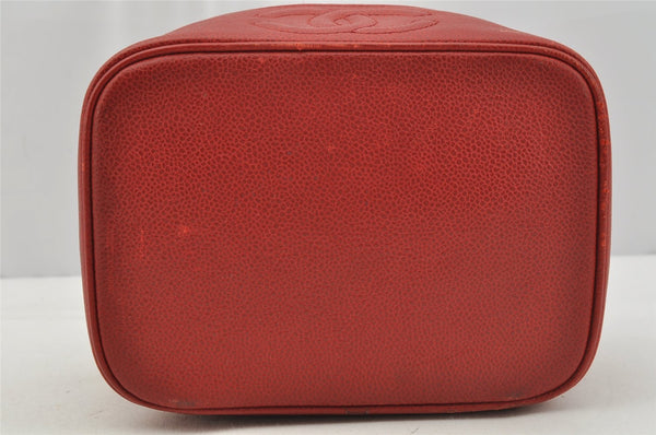 Authentic CHANEL Caviar Skin Vanity Cosmetic Hand Bag Purse Red CC 0021J