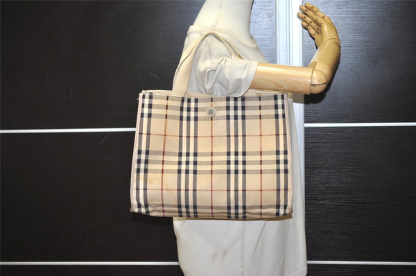 Authentic BURBERRY Vintage Nova Check Canvas Leather Tote Hand Bag Beige 0021K