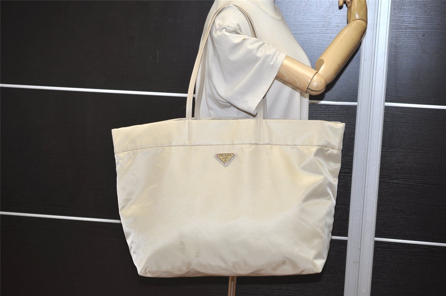 Authentic PRADA Vela Nylon Tessuto Leather Shoulder Tote Bag 1BG107 Beige 0024K