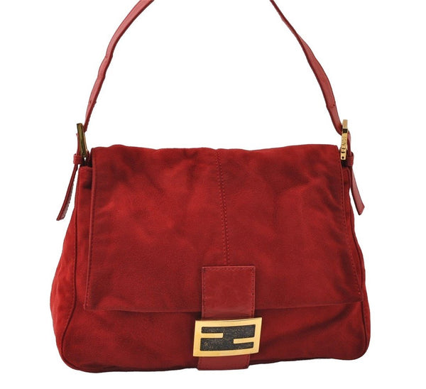 Authentic FENDI Mamma Baguette Shoulder Hand Bag Purse Suede Leather Red 0025J