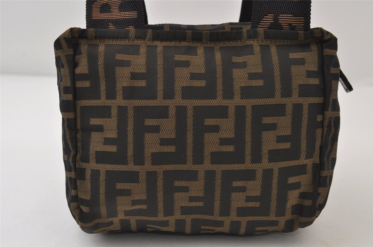 Authentic FENDI Vintage Zucca Hand Bag Purse Nylon Leather Brown 0026J