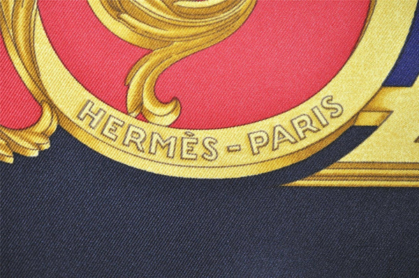 Authentic HERMES Carre 90 Scarf "LES TUILERIES" Silk Navy Blue 0027J