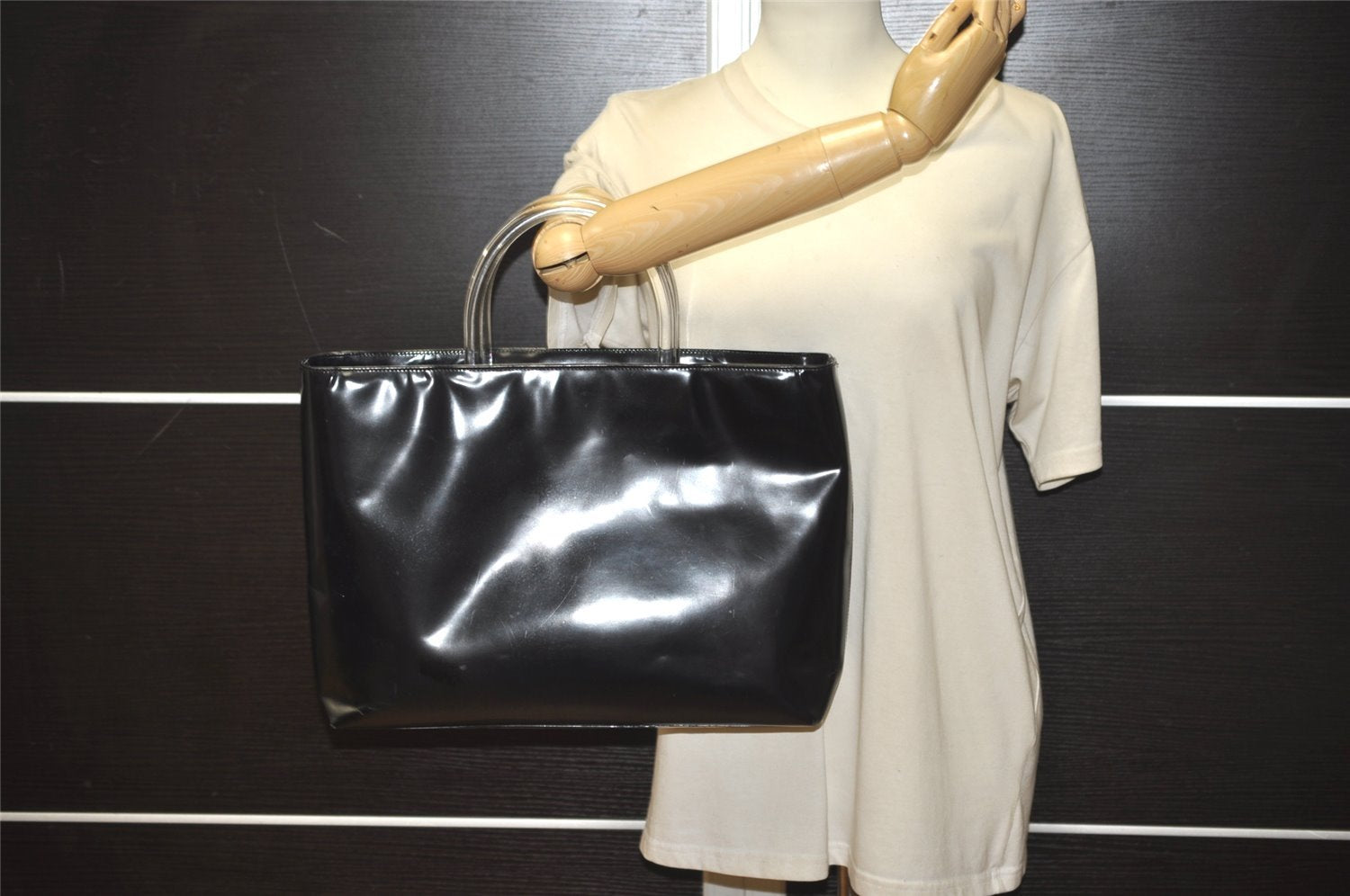 Authentic PRADA Vintage Leather Plastic Hand Bag Black 0027K