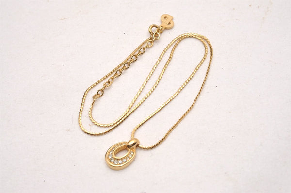 Authentic Christian Dior Gold Tone Chain Rhinestone Pendant Necklace CD 0028J