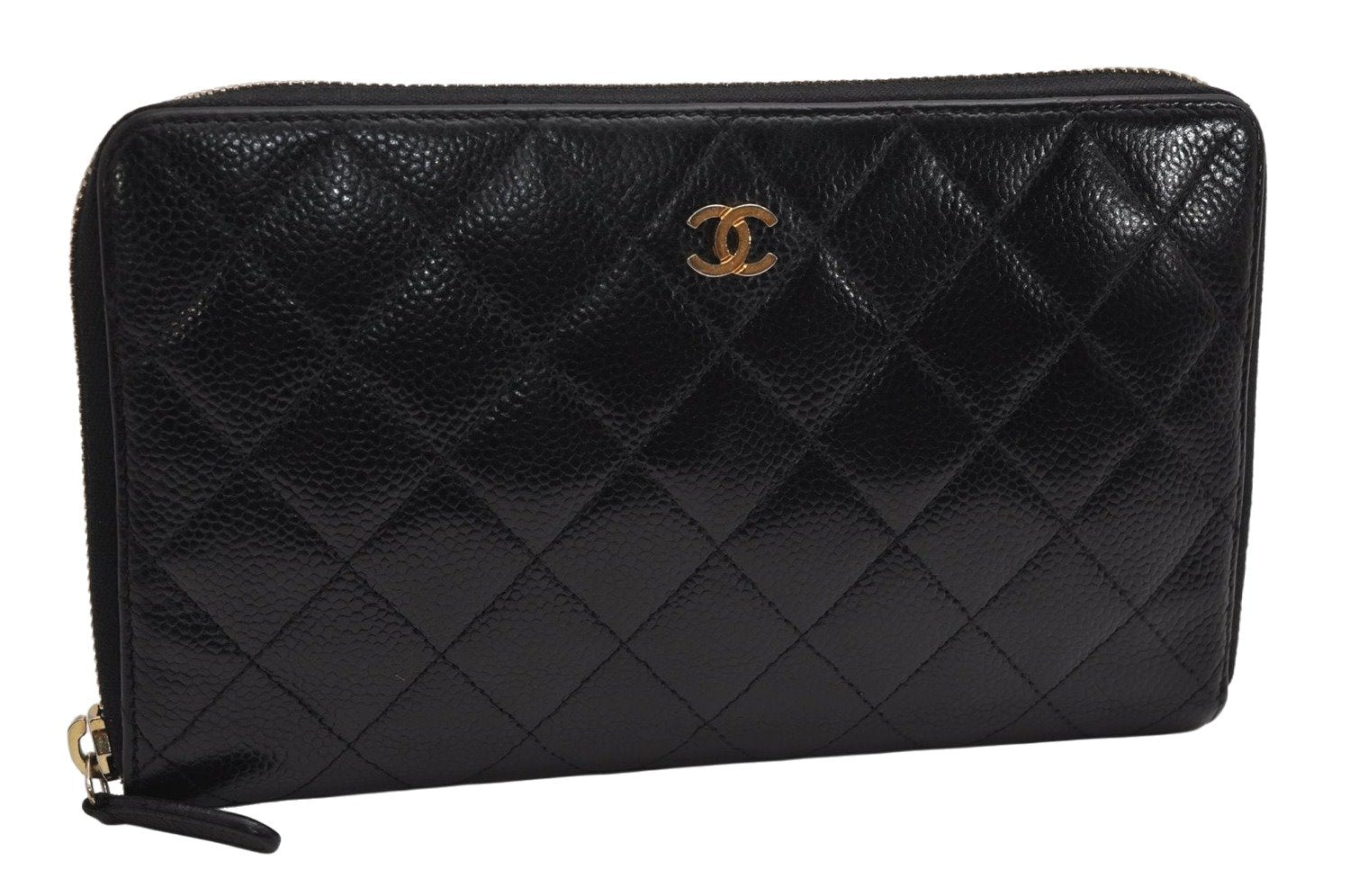 Authentic CHANEL Caviar Skin Matelasse Long Wallet Purse CC Logo Black 0032K